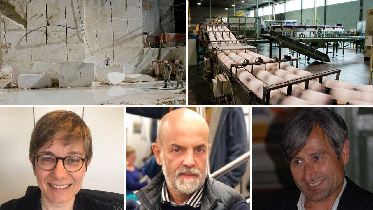 Una cava di marmo e una fabbrica di carta (foto Dario Garofolo per Confindustria); sotto Sara Giuti (Centro studi Intesa Sanpaolo), Tiziano Pieretti (Confindustria Toscana Nord) e Paolo Baldini (Confindustria Livorno e Massa Carrarara)