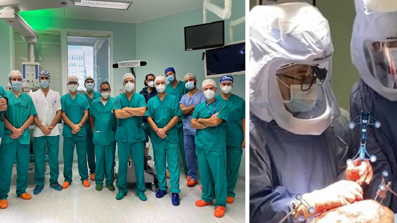 L'équipe di Ortopedia dell'ospedale Misericordia diretta dal dottor Perani e, a destra, un intervento con il robot Navio