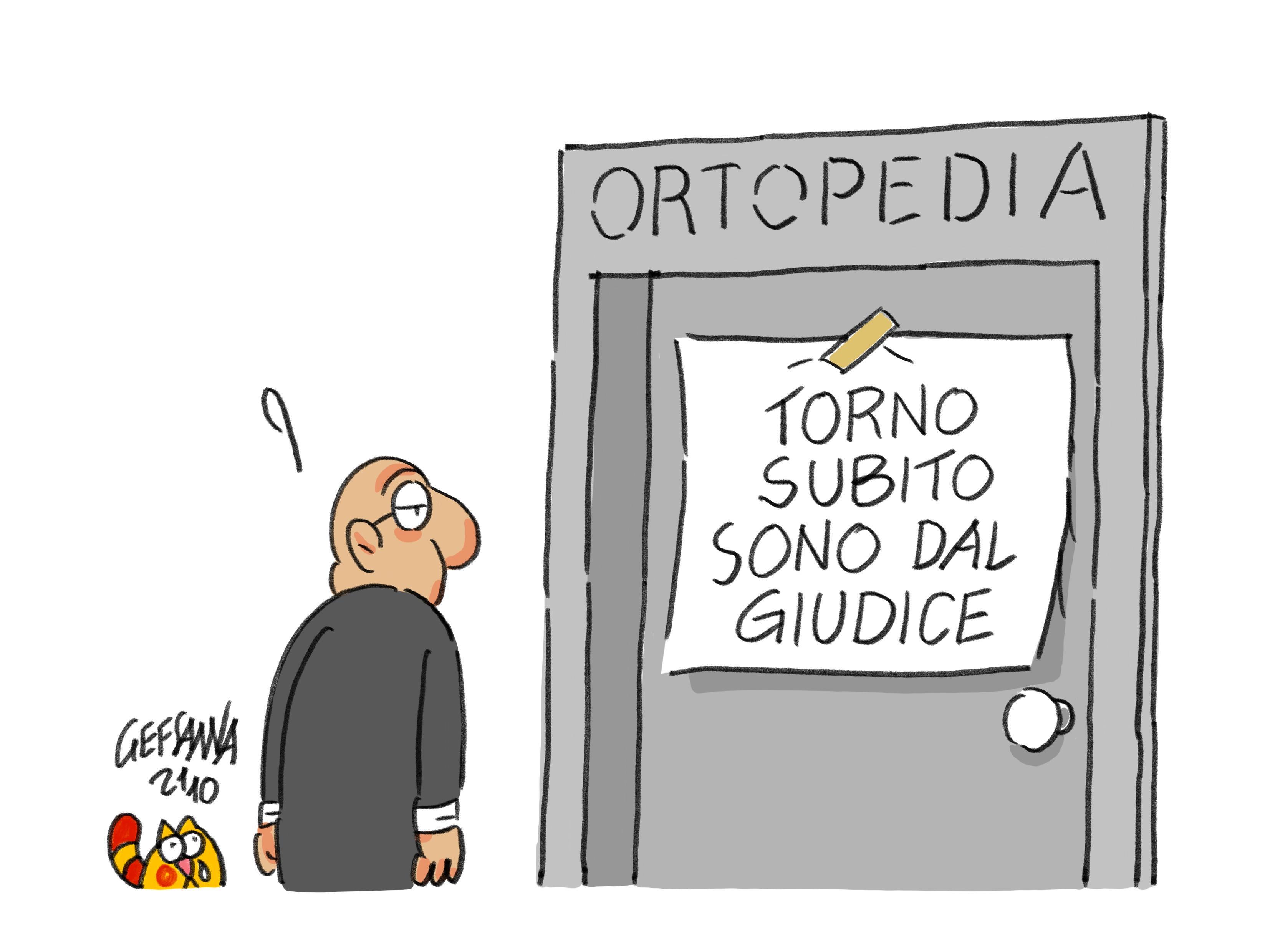 La vignetta di Gef, l'ortopedico diserta il tribunale per tenere aperto il reparto