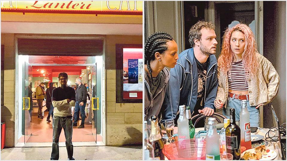 Il regista Roan Johnson lunedì sera alla prima del film, “State a casa”, al cinema Lanteri di Pisa; a destra una scena
