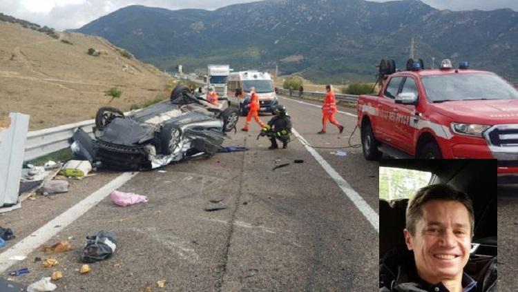 Un'immagine del terribile incidente sulla 125 e, nel riquadro, la vittima Stefano Naccarato