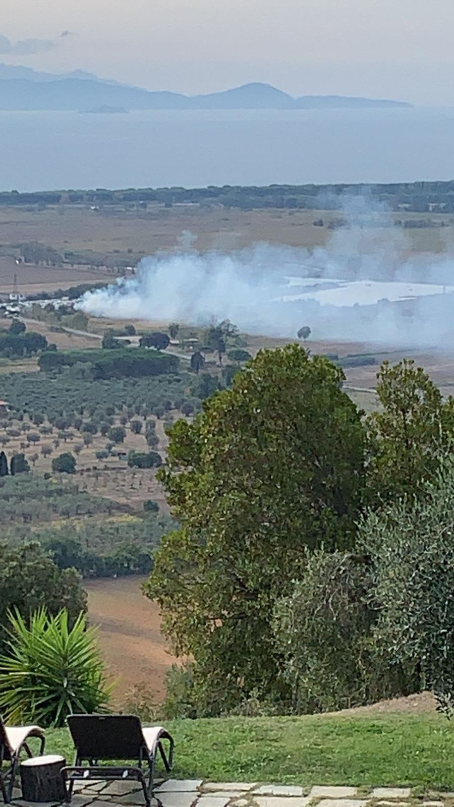 L'incendio nella zona tra Scarlino e Puntone che sta tenendo impegnati i vigili del fuoco