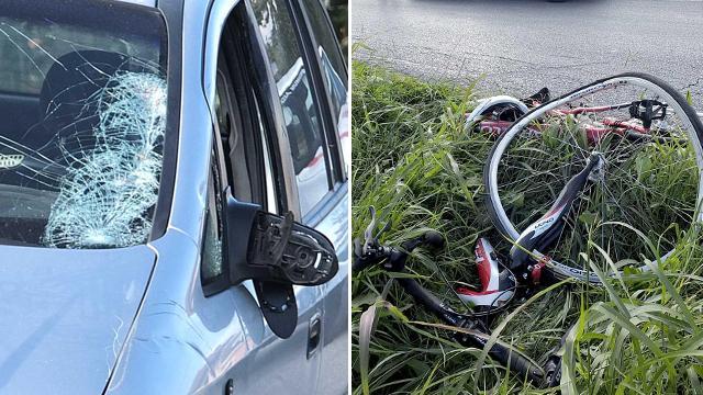 Il parabrezza dell'auto e la bici rotta (foto Muzzi)