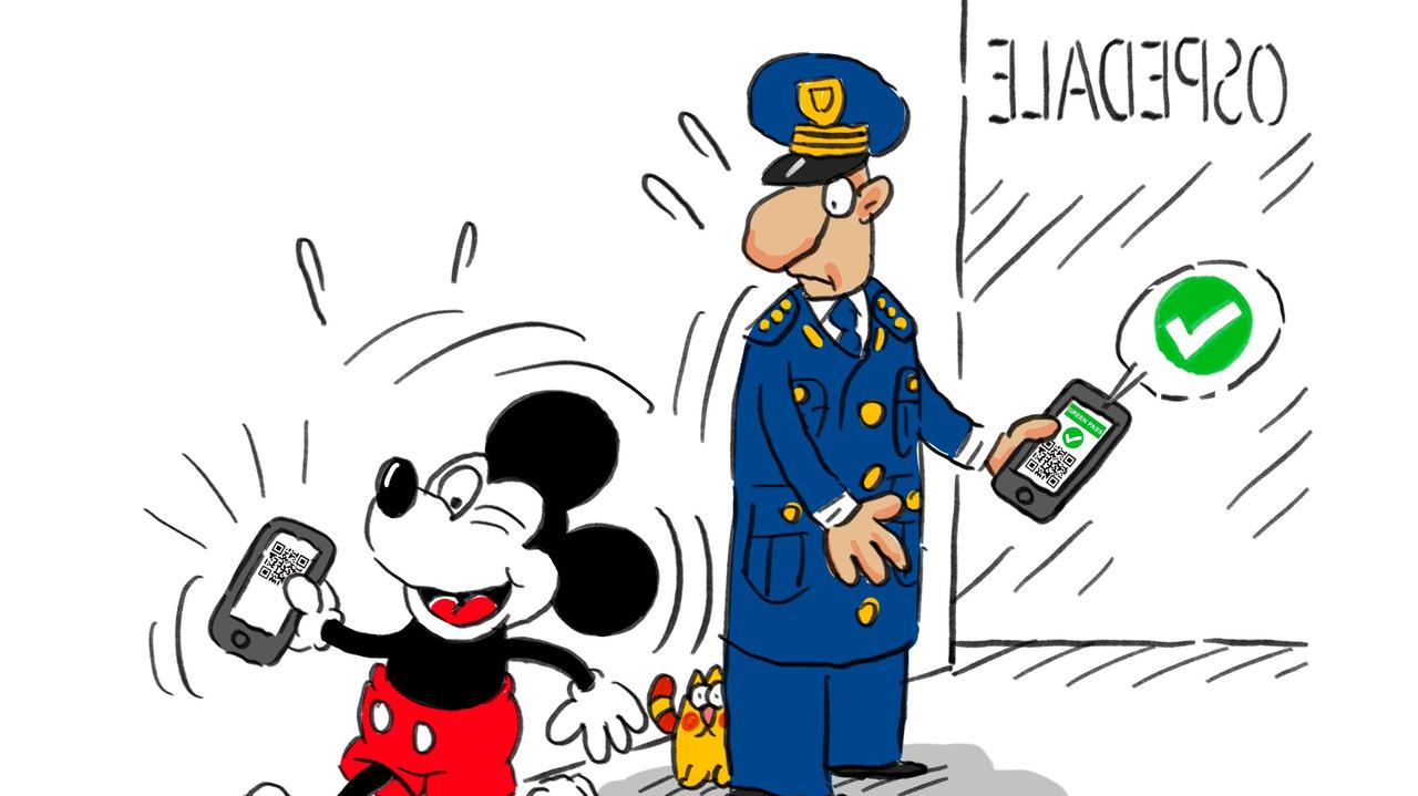 La vignetta di Gef: green pass taroccati anche con il nome di Topolino