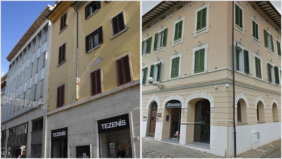 Le tre palazzine che verranno ristrutturate e il palazzo di piazza Indipendenza