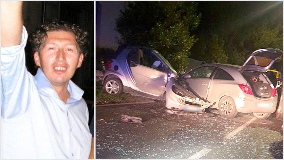 Antonio Grassotti e le due auto dopo lo schianto mortale in viale Casapieri ad Avane
