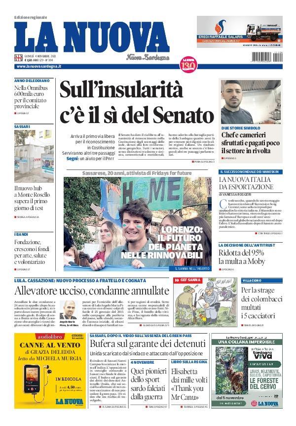 La Nuova Sardegna - Prima Pagina - 4 novembre 2021