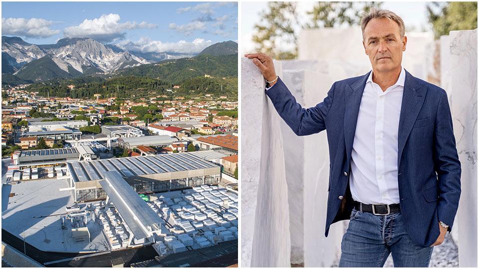 Una veduta dall’alto della Franchi Umberto Marmi a Nazzano e Alberto Franchi presidente della Franchi Umberto Marmi
