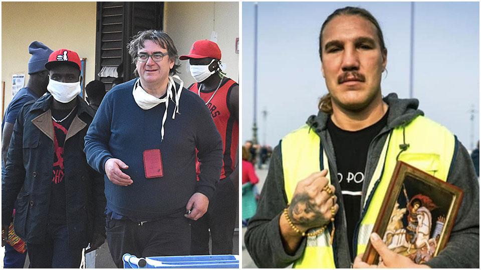 Don Massimo Biancalani insieme ad alcuni dei migranti di Vicofaro e Fabio Tuiach con un rosario e un dipinto religioso a una manifestazione