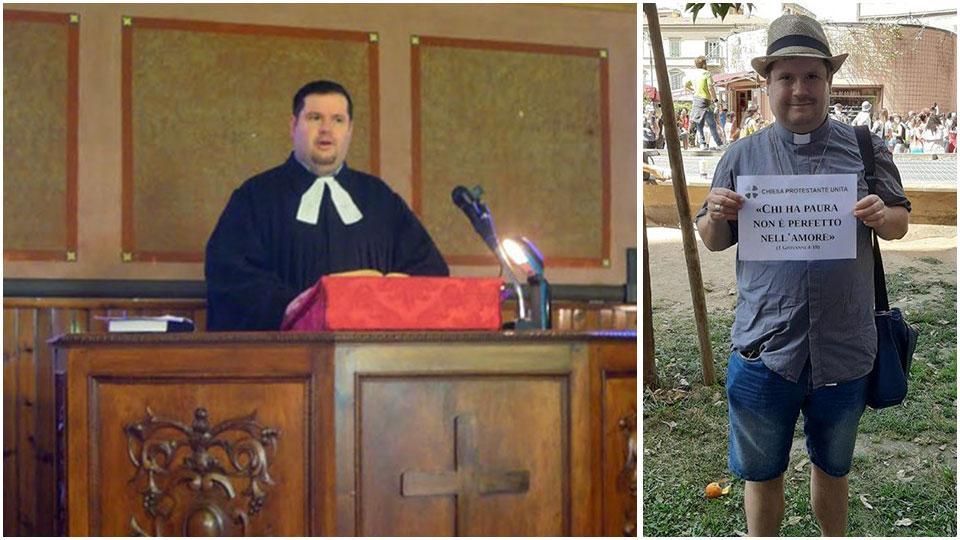 Andrea Panerini mentre celebra una funzione religiosa e, a destra, durante una manifestazione contro l’omofobia