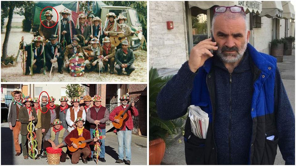La storica foto del 1979 con i componenti del gruppo del maggio: Santi è il primo a sinistra, in piedi. Il ritrovo dei “maggerini” di Braccagni il 30 aprile del 2019, per celebrare i 40 anni dal primo ritrovo del Gruppo tradizioni popolari Galli Silvestro: Santi Cherubini è raffigurato nel circoletto rosso e una recente immagine di Santi Cherubini