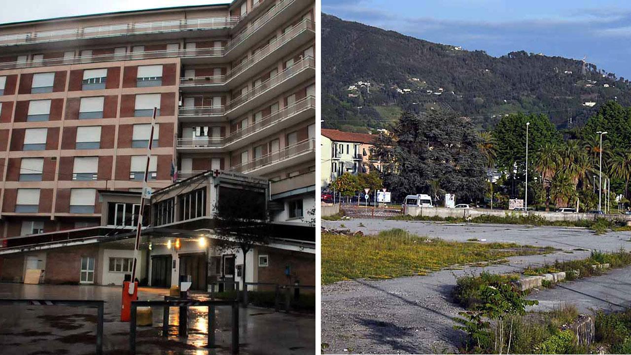 A destra l'ospedale vecchio dove era previsto che venisse realizzato il nuovo distretto e accanto l'area nelle vicinanze della Stazione per cui l'acquisizione era già iniziata