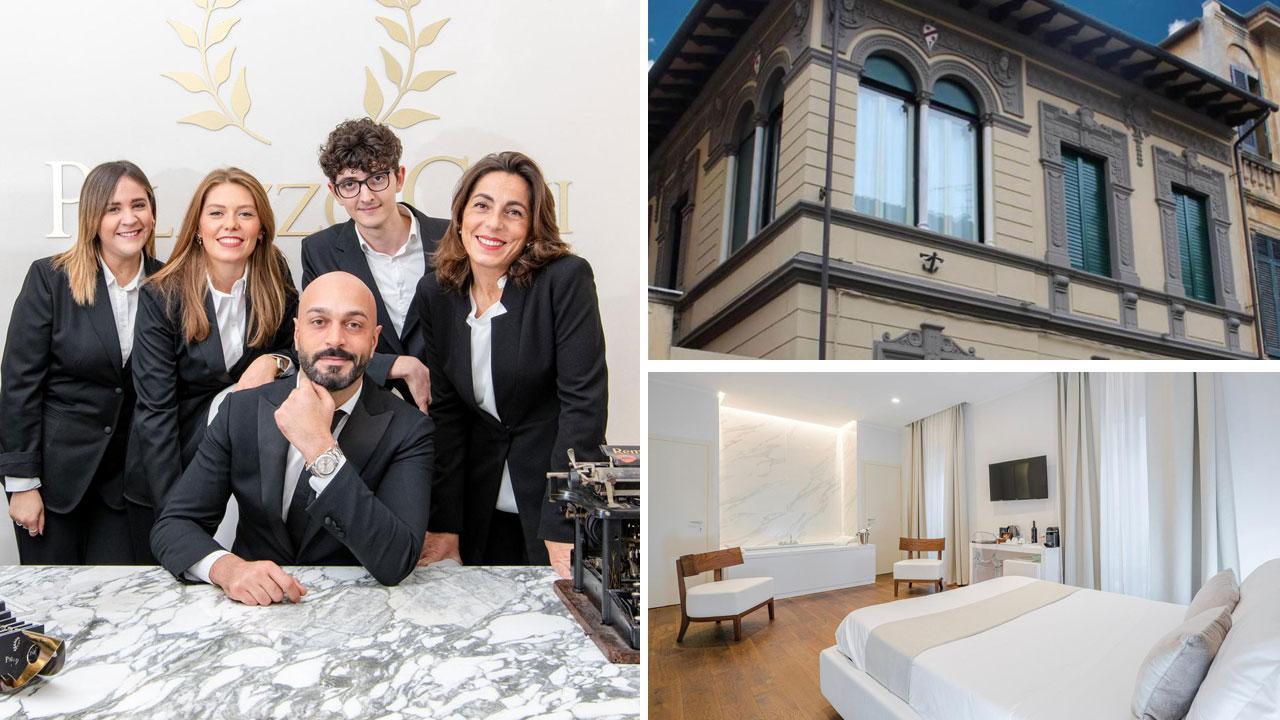 Lo staff di Palazzo Cini Luxury Rooms e, a destra, un esterno della struttura di via Manzoni e una delle camere