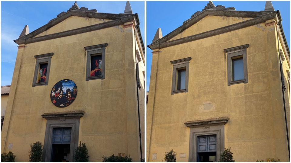 A sinistra le opere esterne di “Ad lucem” che erano già state montate sulla facciata della chiesa e a destra la facciata “liberata” dalle installazioni