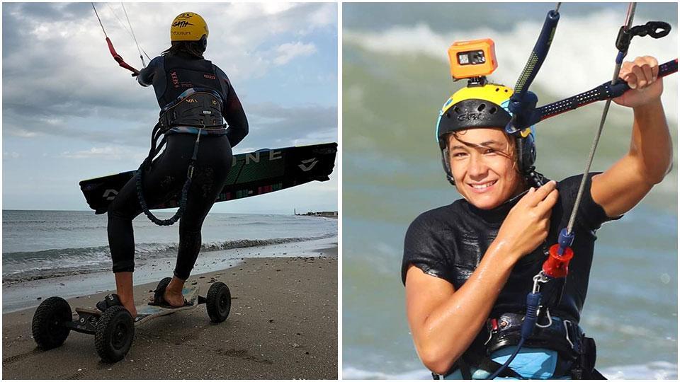 Il giovane campione mentre si allena al Calambrone e il mountain-board