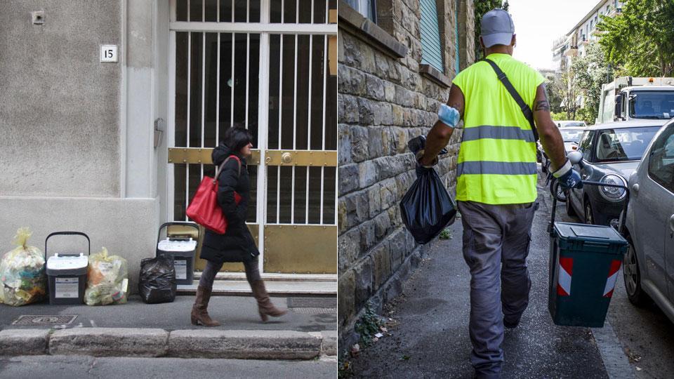 A sinistra i rifiuti sui marciapiedi in Venezia in attesa del passaggio dei mezzi dell’Aamps. Accanto (nella foto di Stefanini/Silvi) un operatore impegnato nella raccolta porta a porta