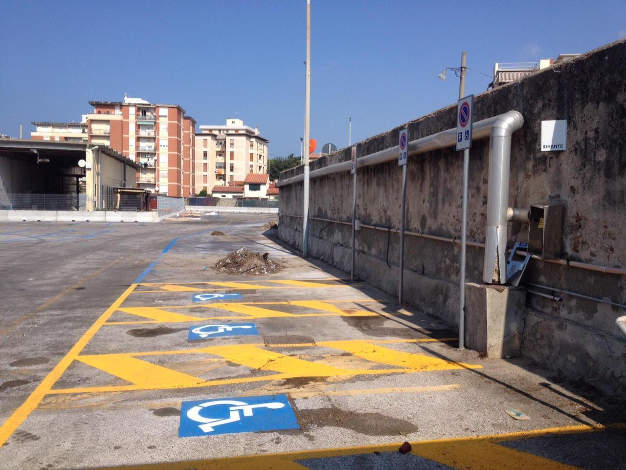 Fila di parcheggi riservati ai disabili nell'area via Forte dei Cavalleggeri