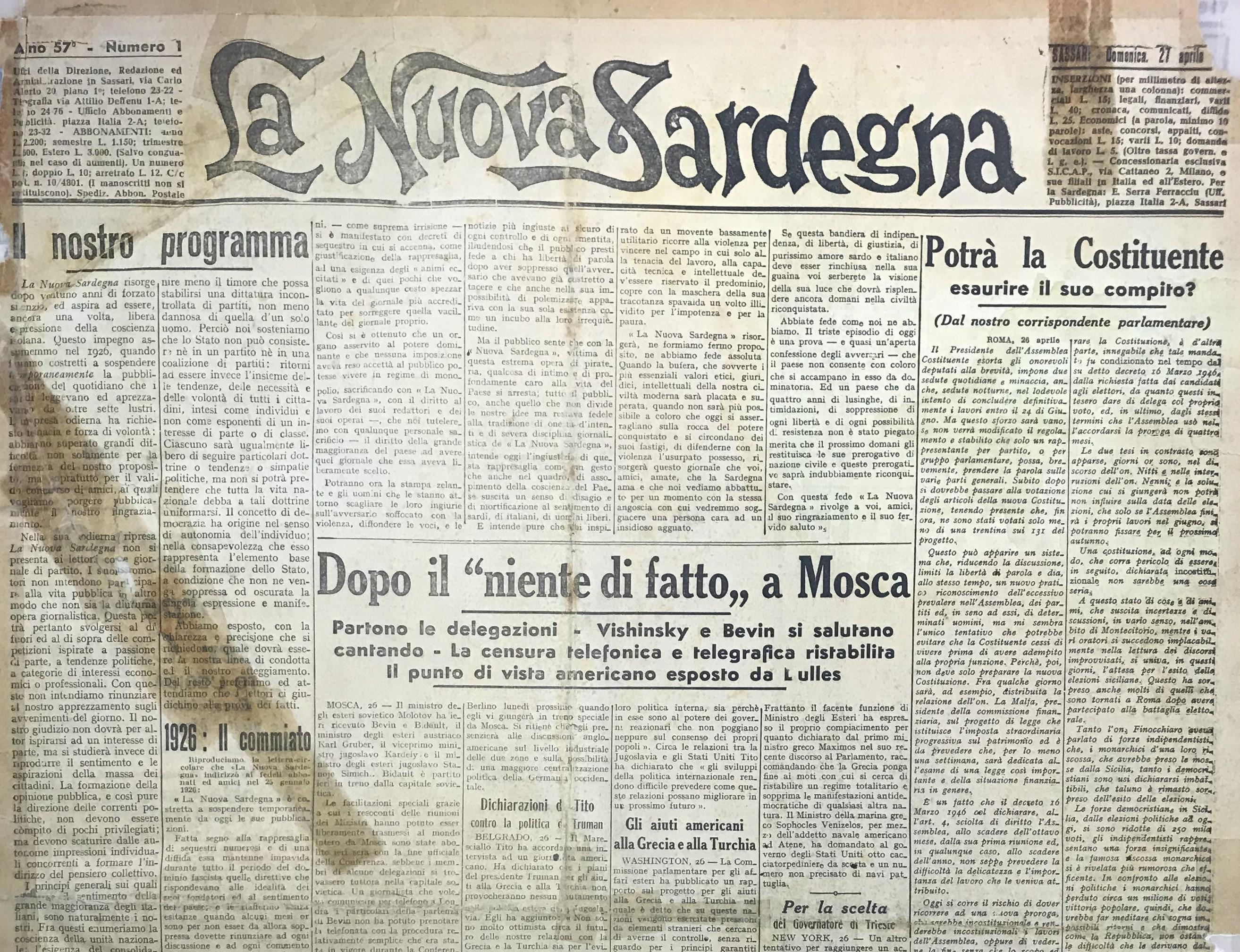 La prima pagina della Nuova Sardegna del 27 aprile 1947, al ritorno in edicola dopo 21 anni