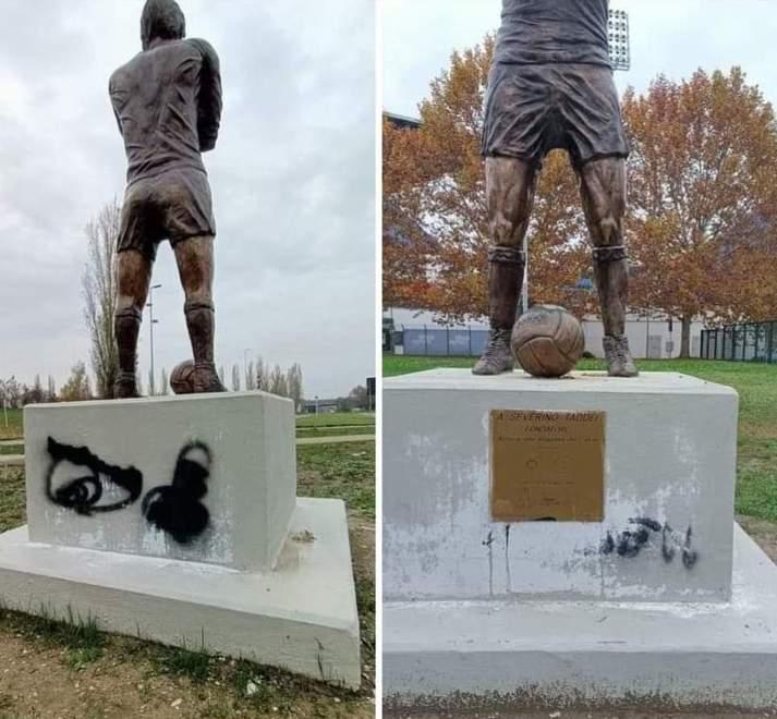 Vandali al Città del Tricolore, imbrattata la statua in bronzo del fondatore della Reggiana 
