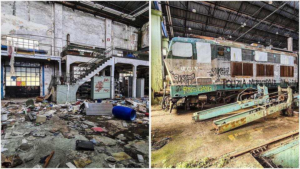 Documentazione, materiali vari, sporcizia, vandalismi regnano sovrane all’interno dei locali di quello che era il deposito locomotive di via Provinciale Pisana; accanto il locomotore del treno della strage di Viareggio “parcheggiato” all’interno delle ex officine e coperto di scritte da parte di vandali