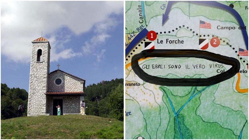 La chiesetta di Pasquilio, uno dei luoghi simbolo della Resistenza e il dettaglio della scritta sul cartello installato da Anpi e Cai