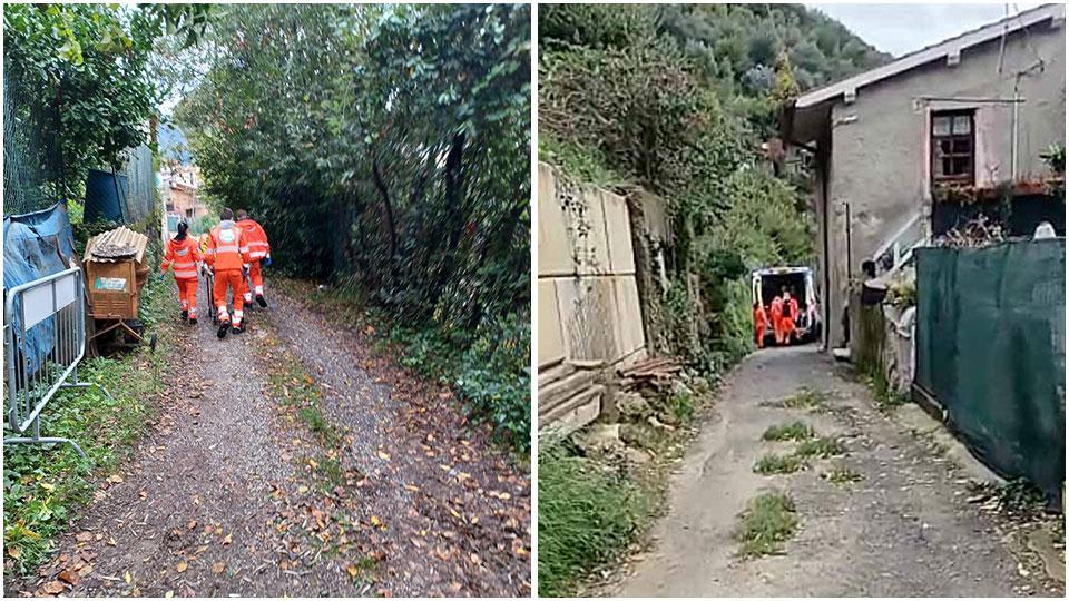 Nella foto a sinistra i volontari trasportano l’uomo con la barella; a destra il mezzo nella strada