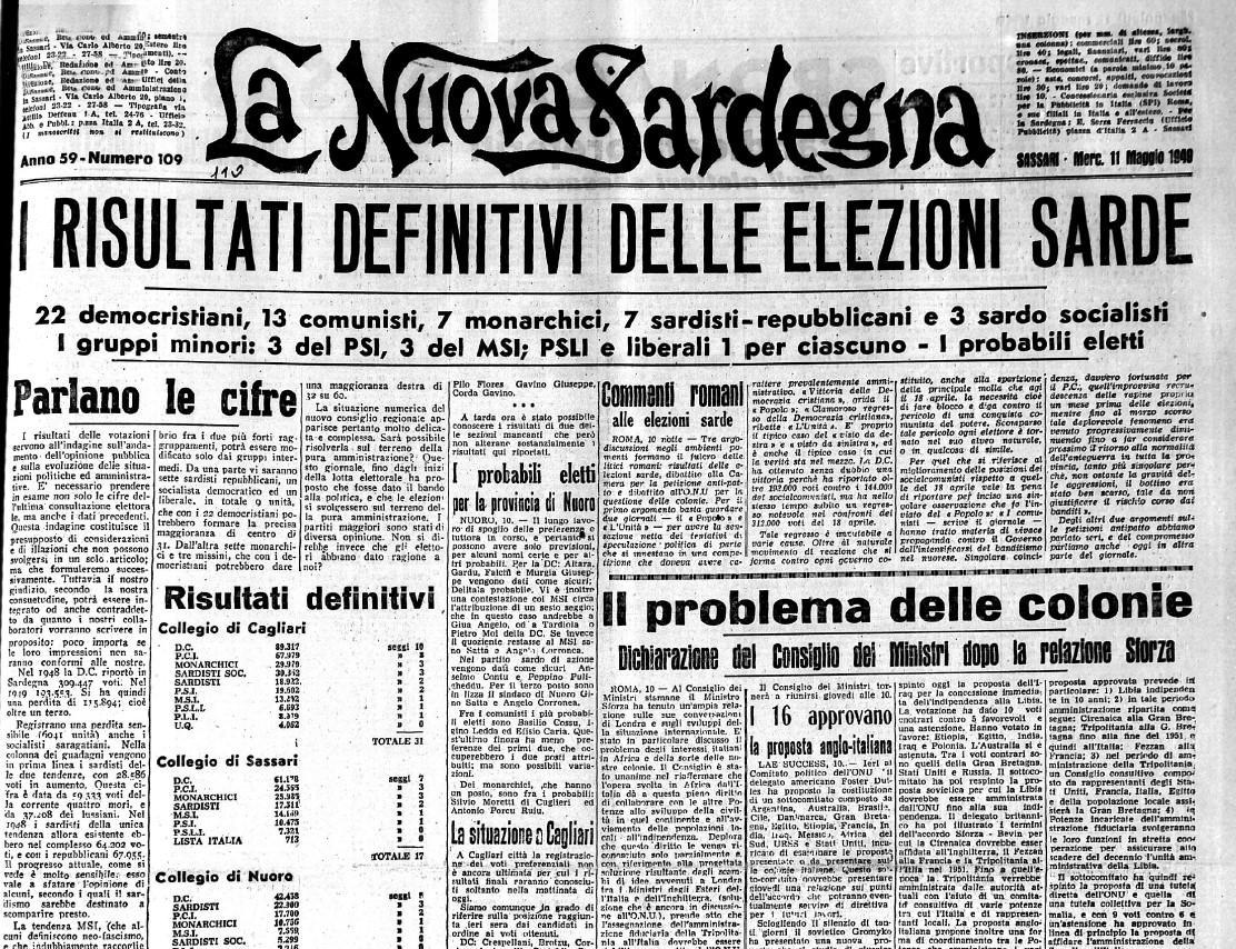 La prima pagina della Nuova Sardegna dell'11 maggio 1949