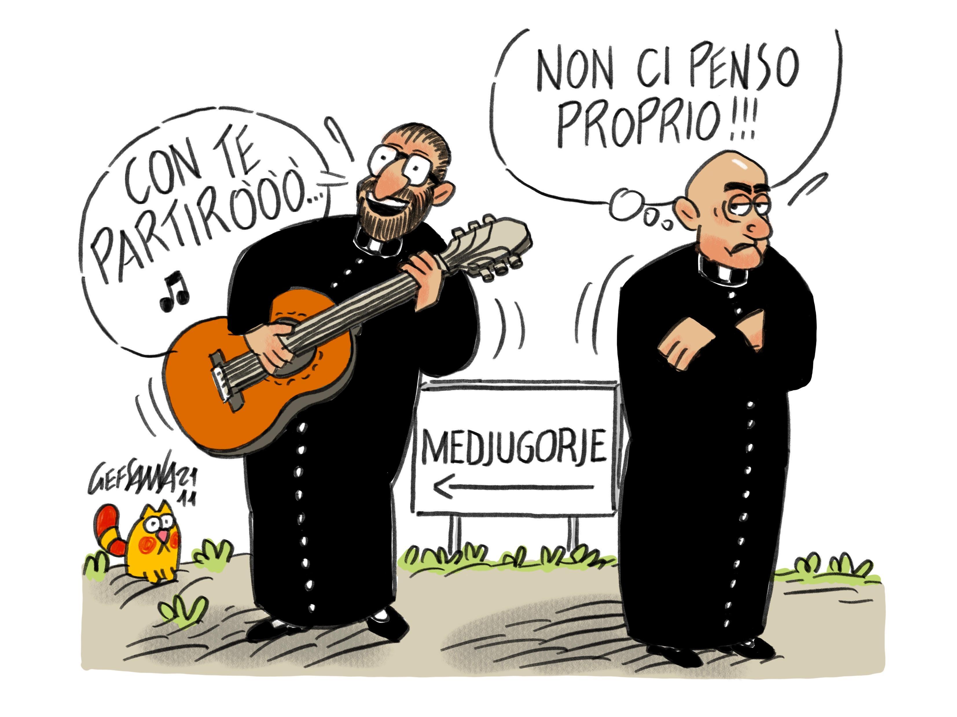 La vignetta di Gef, la replica del parroco cantante a don Tamponi: «Non condannate i pellegrinaggi»