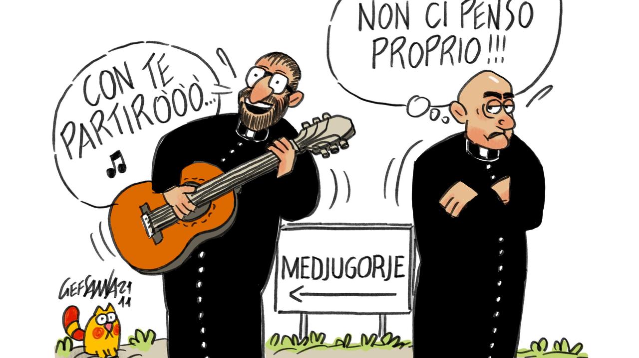 La vignetta di Gef, la replica del parroco cantante a don Tamponi: «Non condannate i pellegrinaggi»