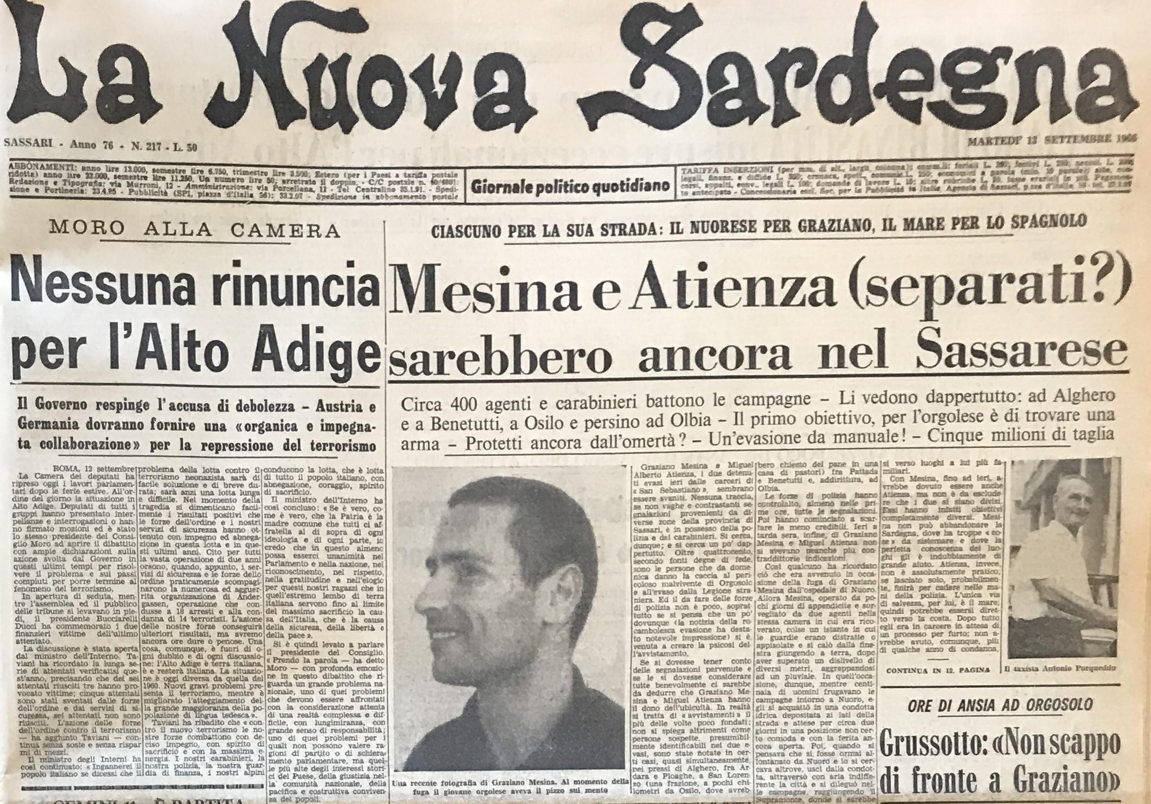 La prima pagina della Nuova Sardegna del 13 settembre 1966: Mesina era evaso due giorni prima da San Sebastiano