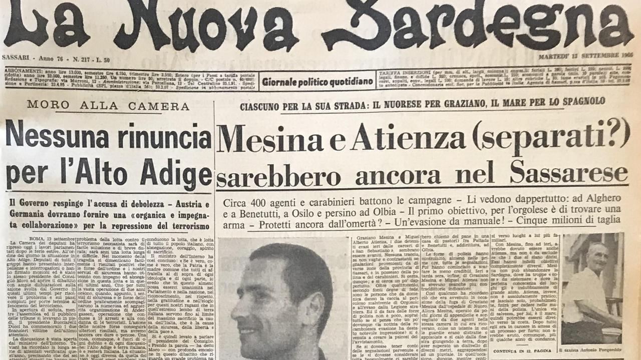 La prima pagina della Nuova Sardegna del 13 settembre 1966: Mesina era evaso due giorni prima da San Sebastiano