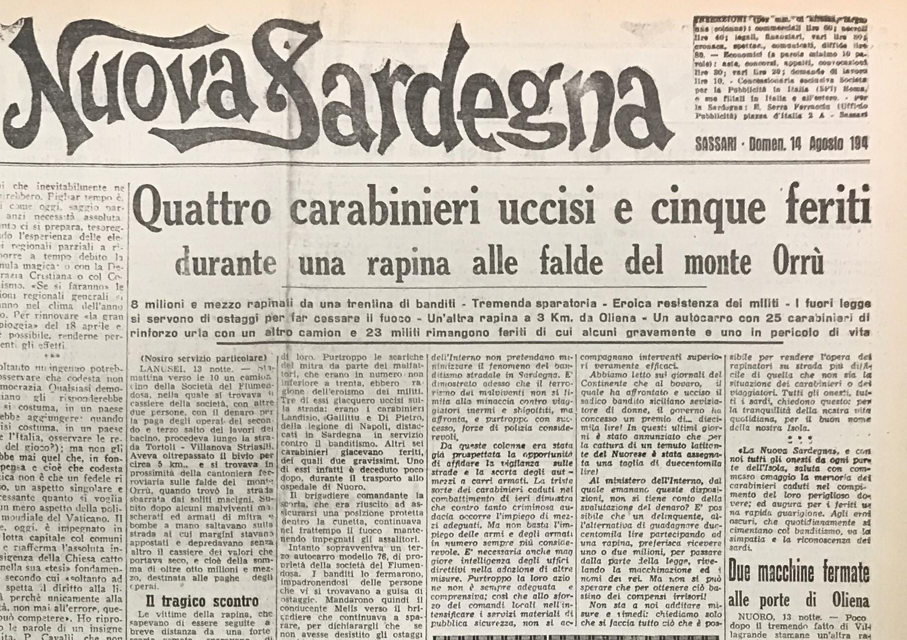 La prima pagina della Nuova Sardegna del 14 agosto 1949