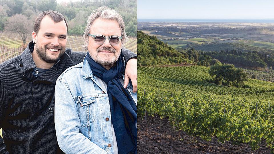 Oliviero Toscani con il figlio Rocco e la veduta dalla “vigna” di Toscani in una foto del padrone di casa