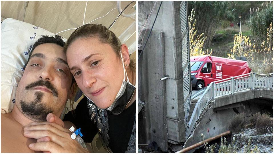 Andrea Angelotti con la moglie Sara Manin e il furgone rosso della Bartolini dopo il crollo del ponte