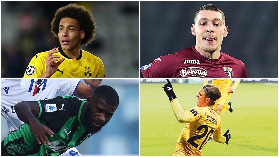 Dall’alto in senso orario Witsel (nel mirino della Juve), Belotti (fra firma col Toro e Milan), Boga che piace al Napoli e il norvegese Botheim