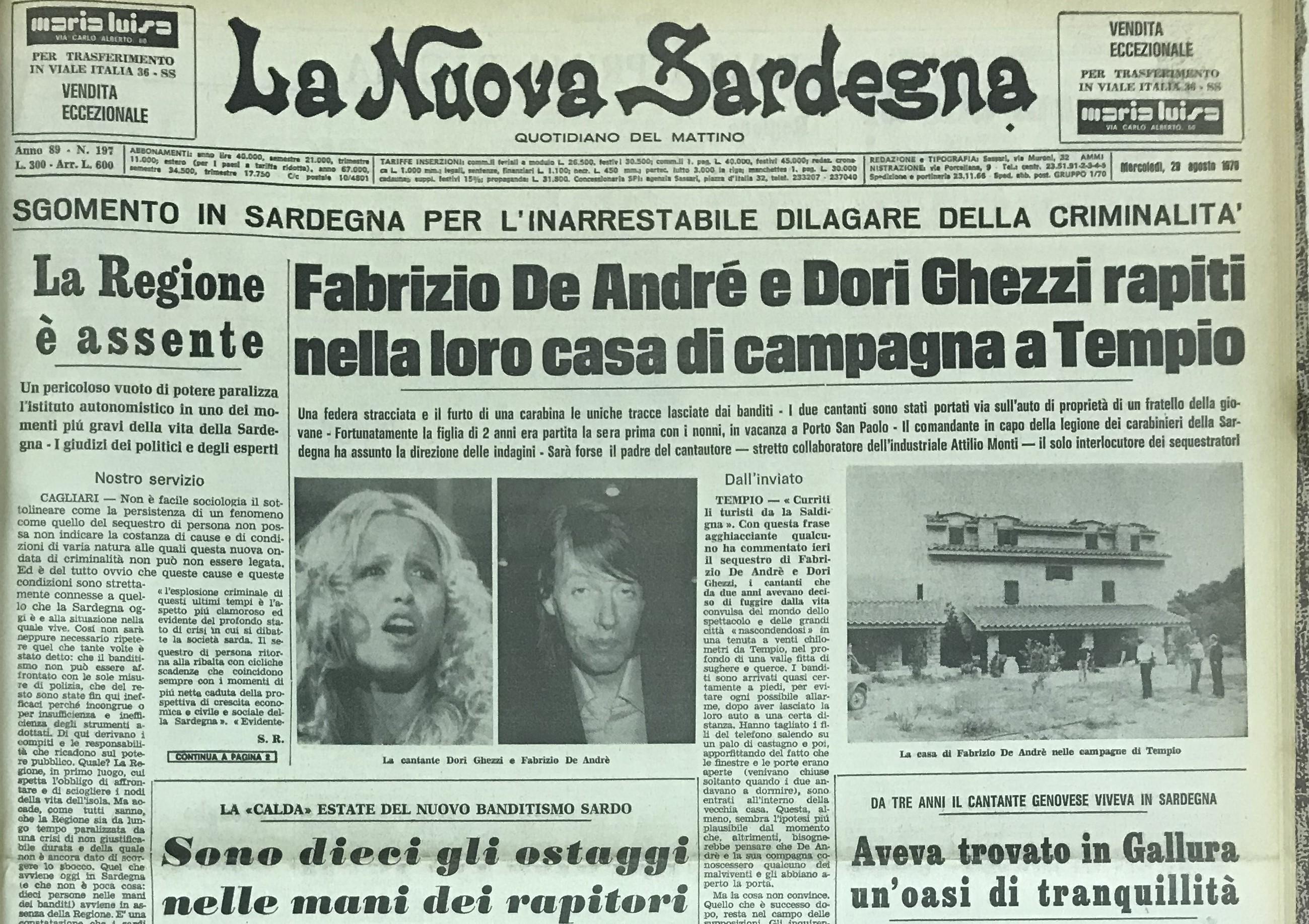La prima pagina della Nuova Sardegna del 29 agosto 1979