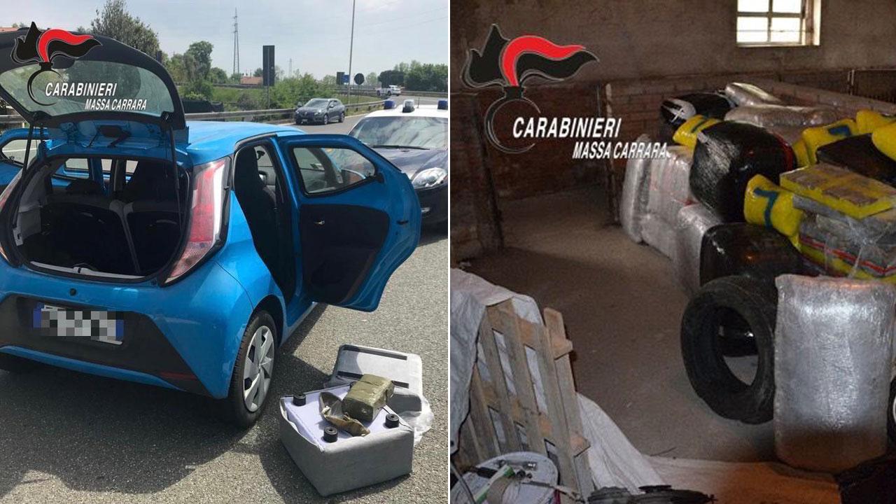 Una delle auto fermate in cui è stata trovata droga tra i componenti dei divani e accanto lo stupefacente “stoccato” e ritrovato dai militari del nucleo investigativo