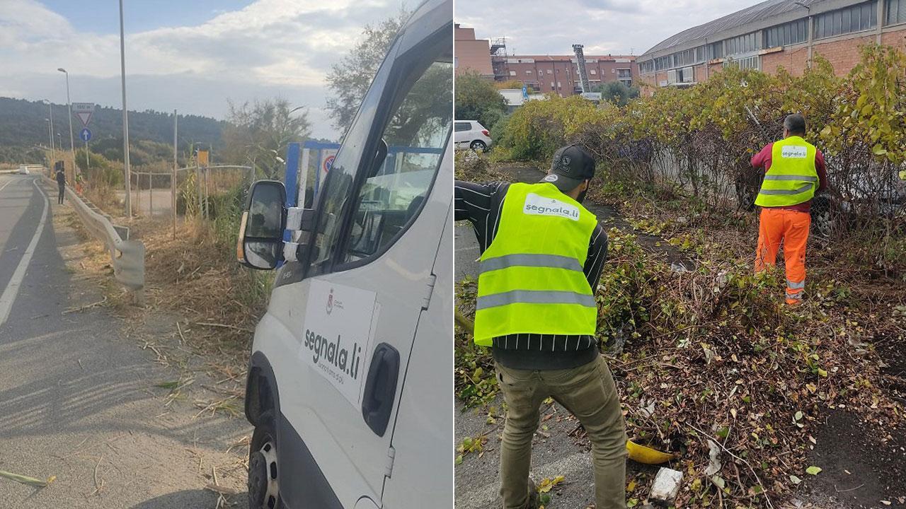 Nella foto a sinistra la Cooperativa Il Carro ad Antignano, a destra via Belgio: lamentele per il verde incolto arrivate al Comune il 31 ottobre