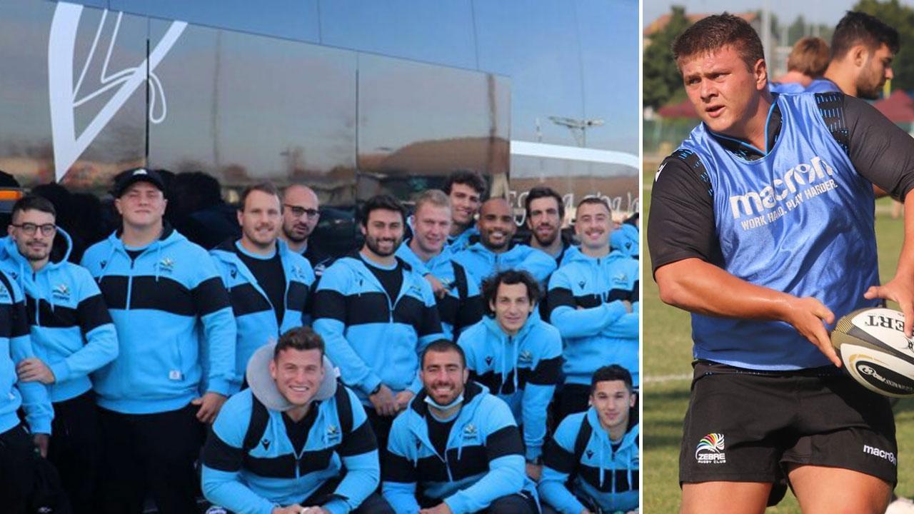 Ion Neculai, il terzo da sinistra, con i compagni in Sud Africa di lato un'immagine del pilone cresciuto a Carpani e con l’Elba Rugby, oggi giovane promessa delle Zebre di Parma