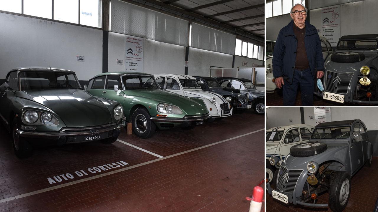 Nella foto grande gli esemplari Citroën della raccolta di Mauro Novelli, dove spiccano due splendide Ds, ammiraglie della casa francese, oltre a, una Due Cavalli Transat e a una Due Cavalli Charleston. Nell’immagine a destra, in alto l’ottantunenne Mauro Novelli, sotto la rarissima (ne furono costruiti meno di 700 esemplari) Due Cavalli Sahara riportata all’antico splendore dopo un lavoro maniacale