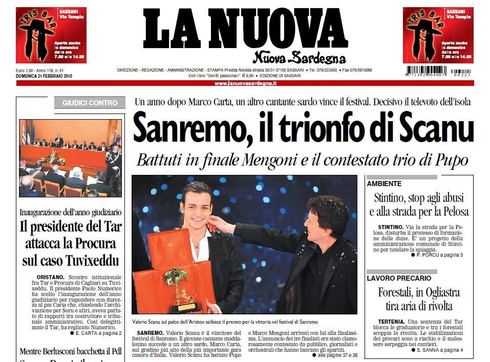 La prima pagina della Nuova Sardegna del 21 febbraio 2010