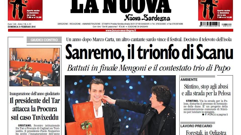 La prima pagina della Nuova Sardegna del 21 febbraio 2010