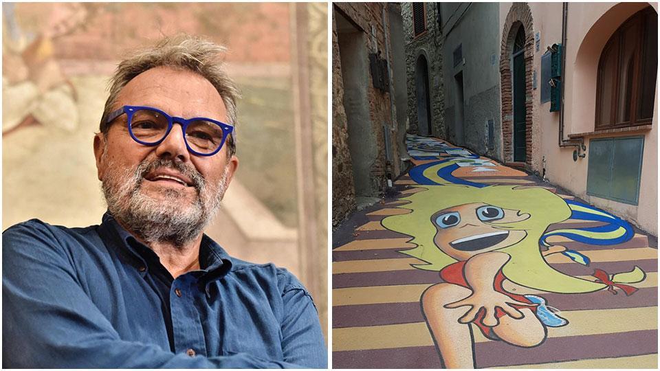 Il fotografo Oliviero Toscani e il colorato dipinto che si snoda nel centro del borgo di Riparbella, lungo via della Noce