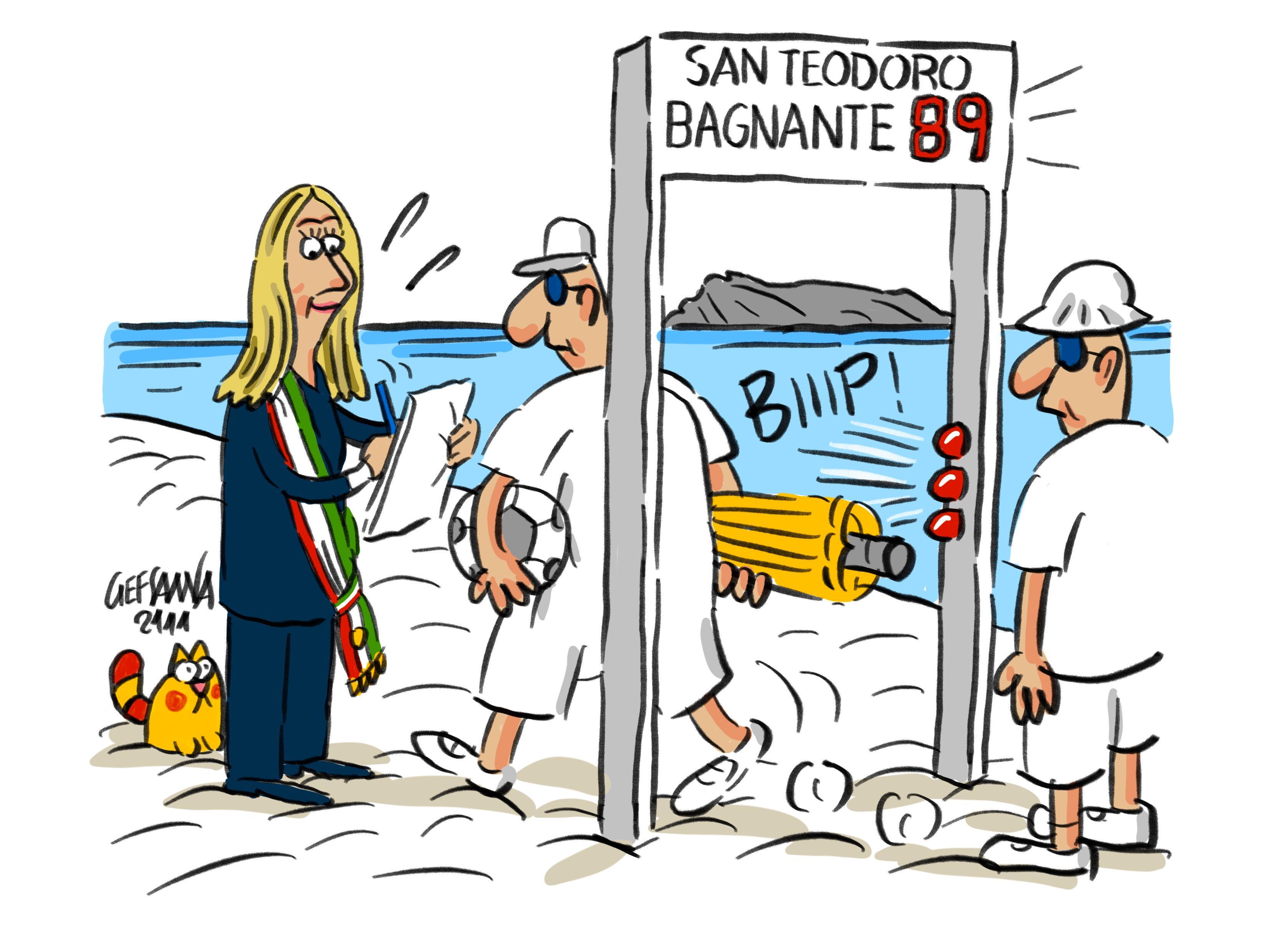 La vignetta di Gef: spiagge a numero chiuso dal 2022 a San Teodoro