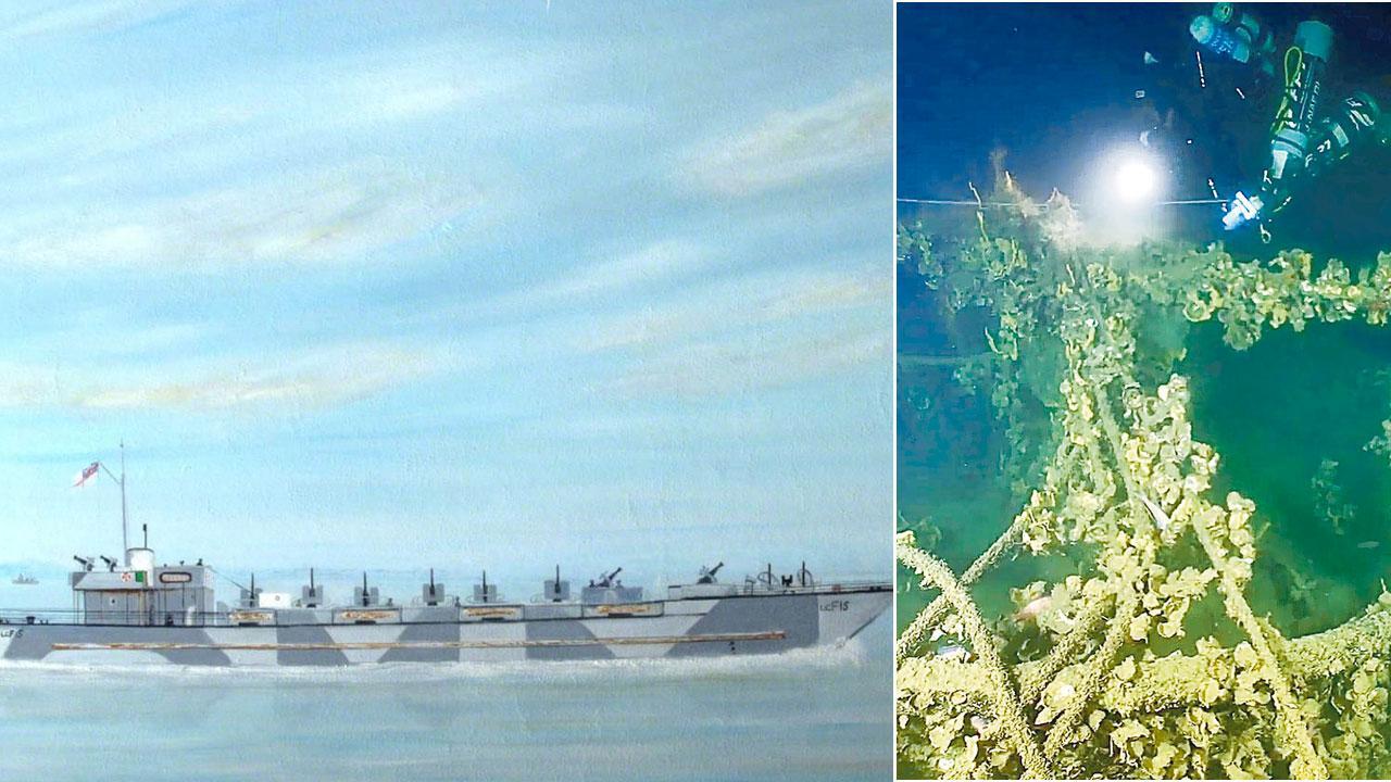 La nave di Sua Maestà Britannica LCF-15 in un dipinto conservato presso il museo Royal Marines e il relitto della nave da guerra