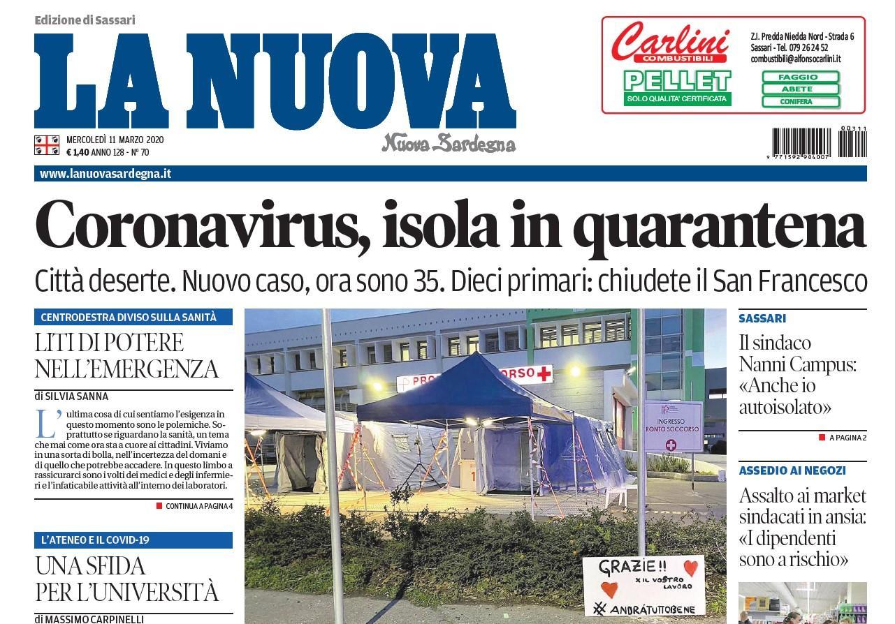 La prima pagina della Nuova Sardegna dell'11 marzo 2020