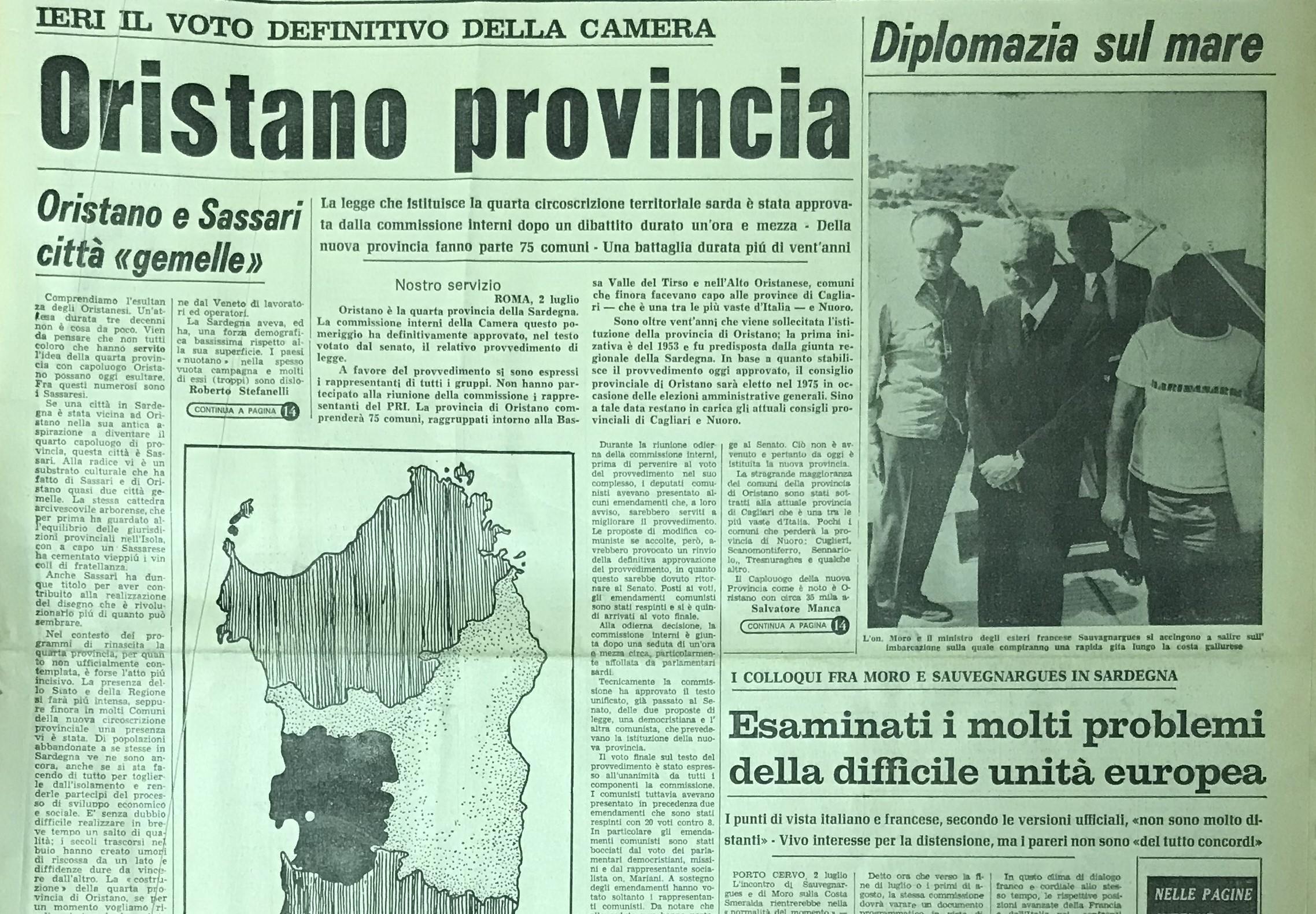 La prima pagina della Nuova Sardegna del 3 luglio 1974