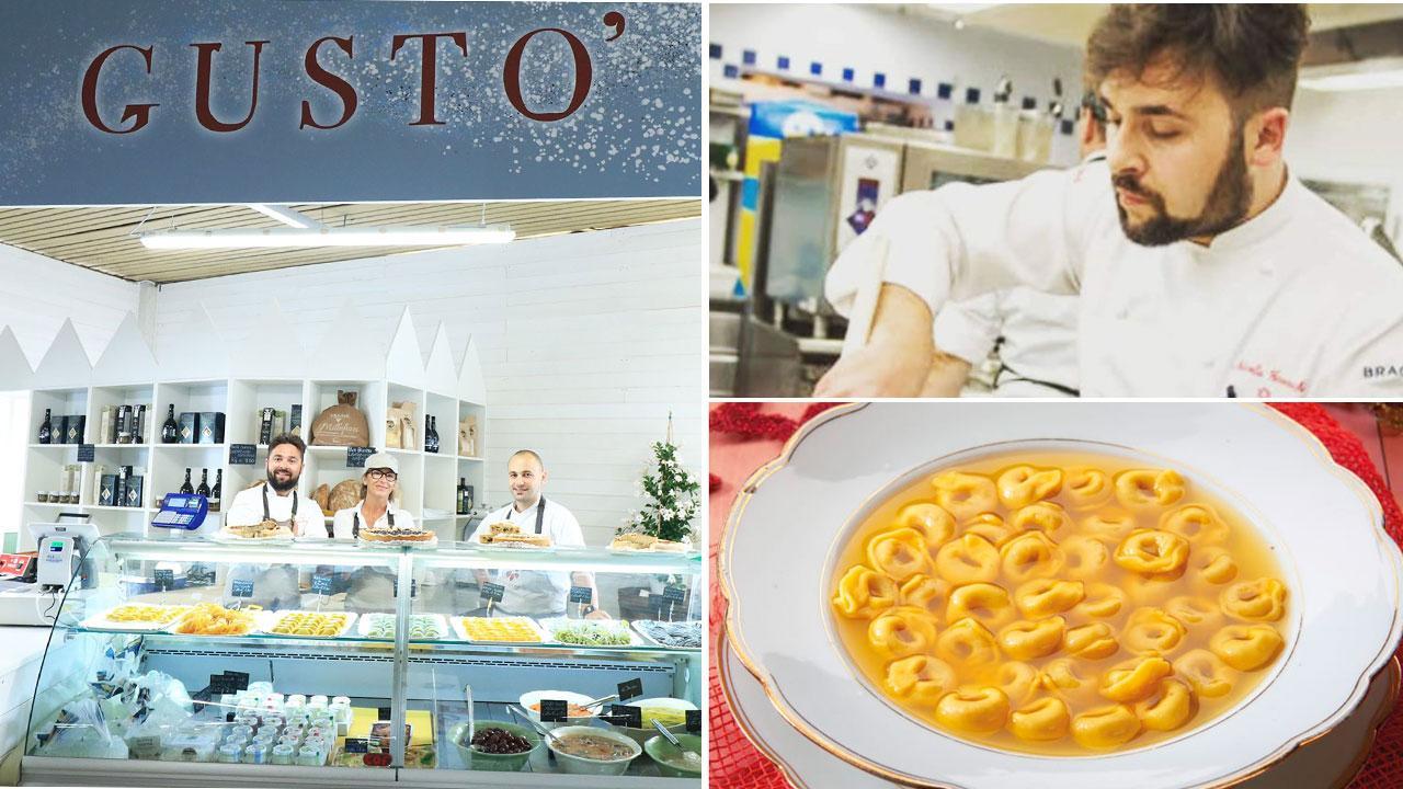 Dietro il banco di Gustò da sin. Nicola Gronchi, Alessandra Maggiani e Carmine Pedra Maggiani e Carmine Petrosino.Nicola Gronchi di Gustò e i cappelletti di Gustò