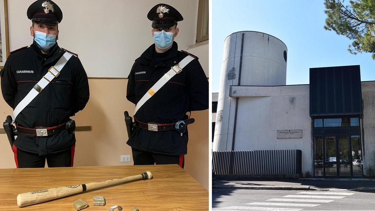 I carabinieri mostrano la mazza da baseball e la droga sequestrata. A destra la Procura della Repubblica di Grosseto