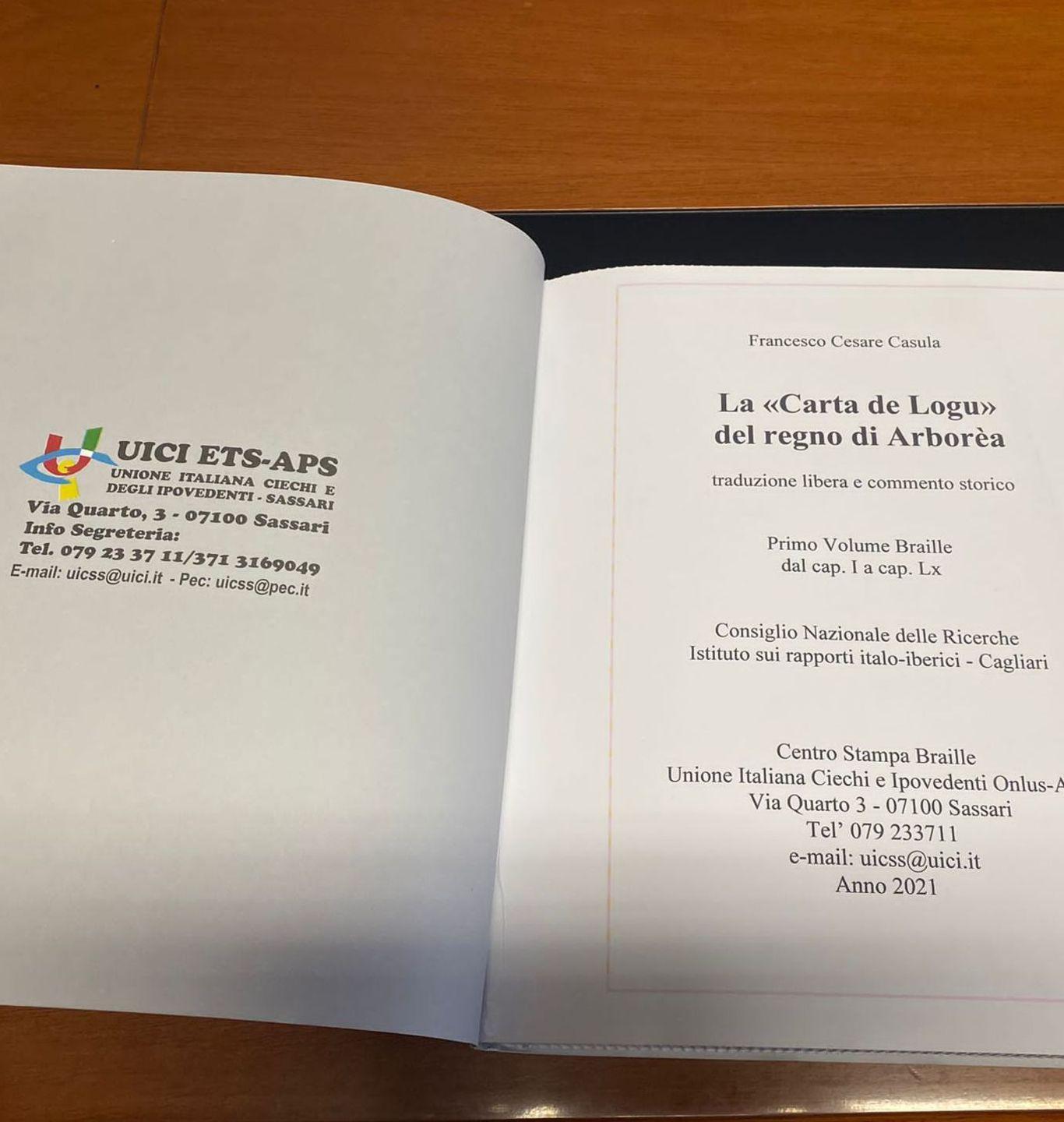 Una Carta de Logu in linguaggio braille dono dell’Uic di Sassari al tribunale